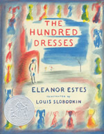 Books cover of the Hundred Dresses with border of dresses and person standing in middle